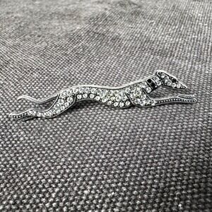 Vintage Greyhound Brooch Silver Tone Rhinestones Black Eyes Collar Sparkly Pin